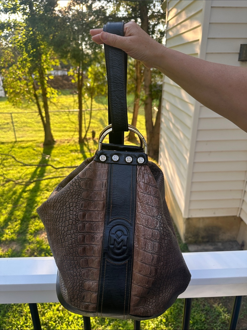 Marino Orlandi Brown and Black Croc-Embossed Leather Shoulder Bag